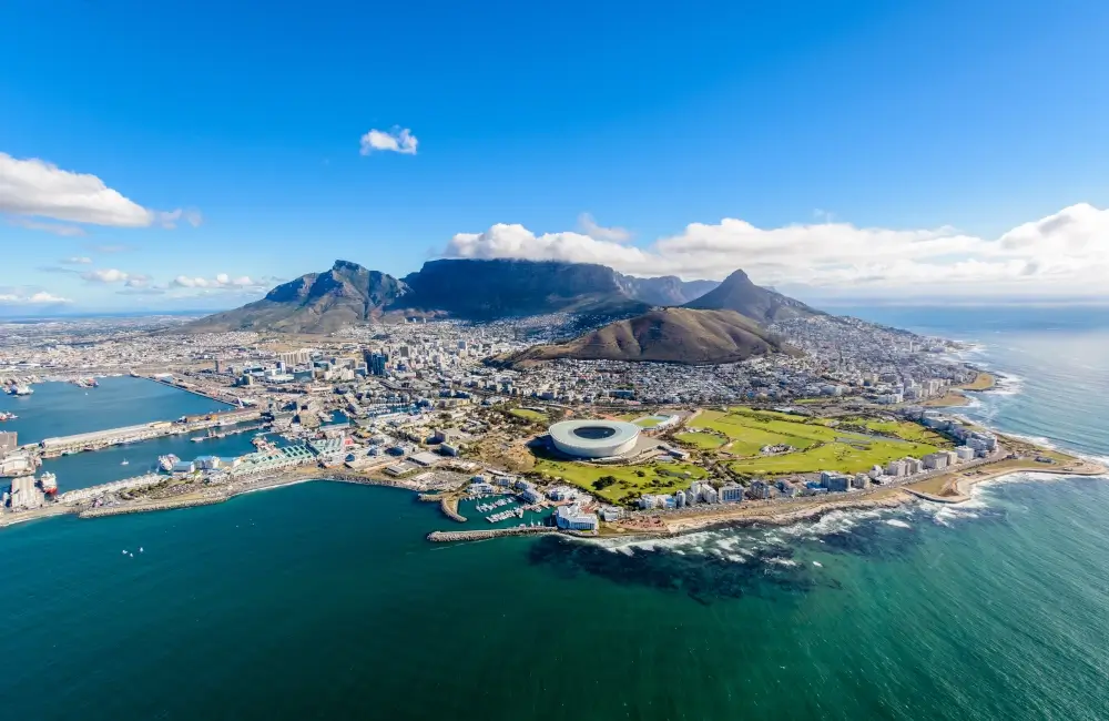 Aerial view of Cape Town with Table Mountain, stadium and coastline, South Africa