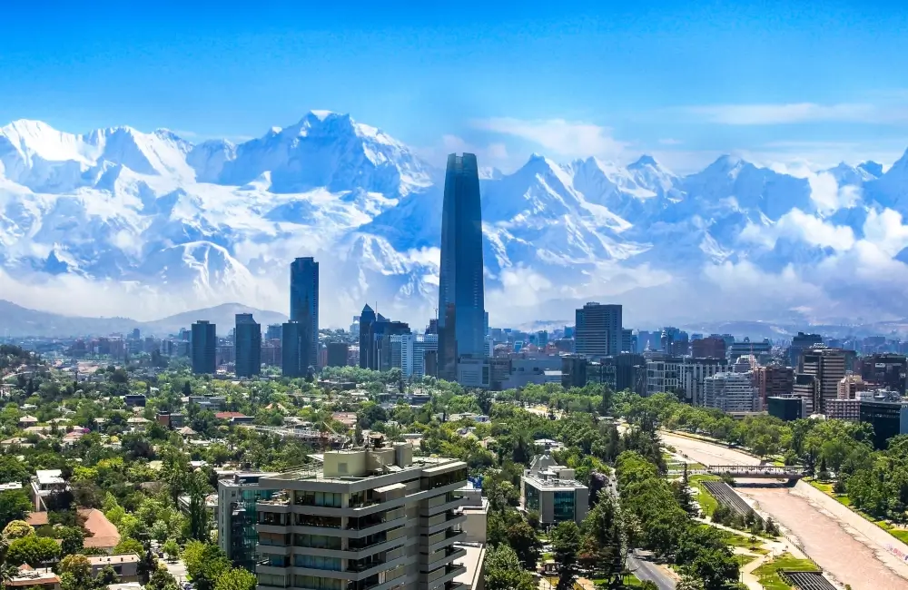 Santiago skyline with the snow-covered Andes, Chile